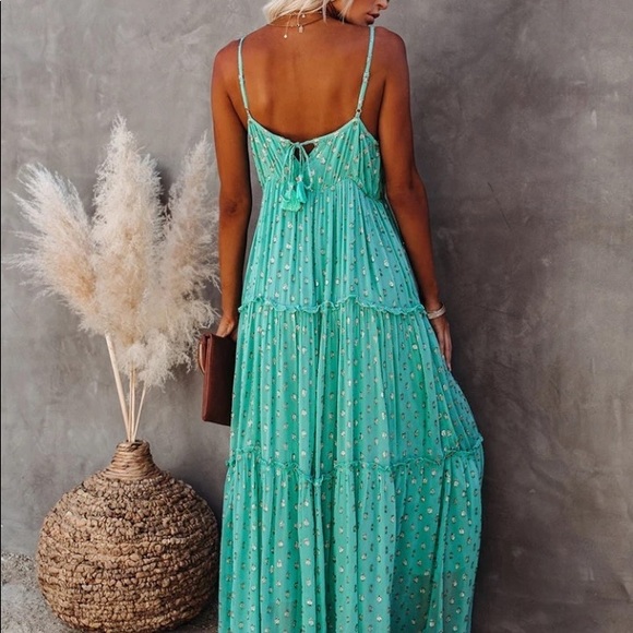 Garden Floral Boho Maxi Dress, Boho Summer Green Stappy Sundress, All Over Print - Picture 3 of 7